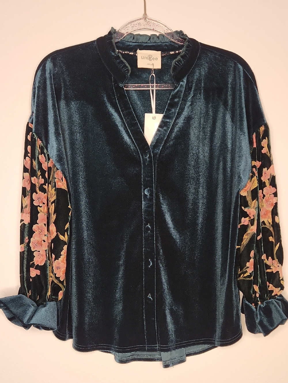 Umgee Teal Velvet Whimsical Dark Romantic Goth Fairy Top Sheer Floral Sleeve NWT